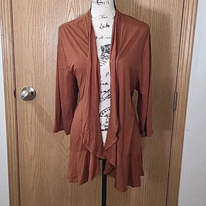 Rust brown fall color ruffle trim waterfall cardigan